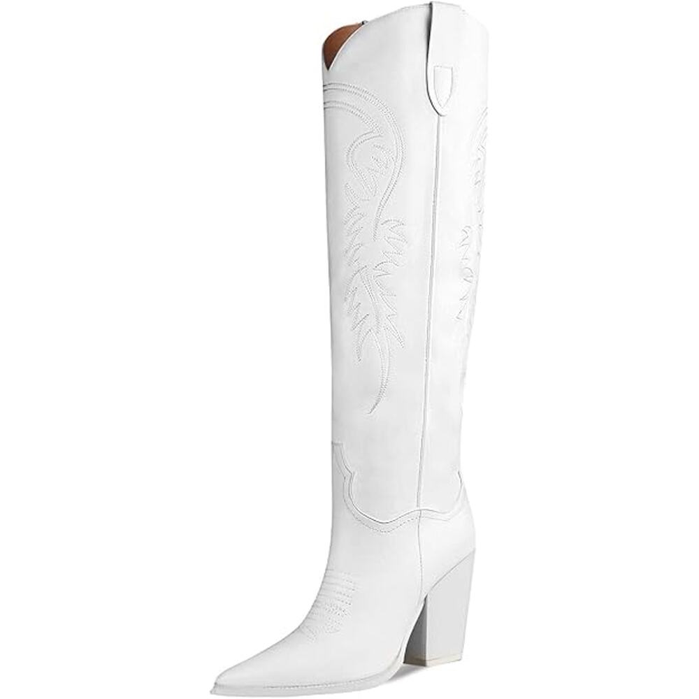 ISNOM Womens Size 7 White Faux Leather Knee High Chunky 4" Heel Cowboy Boots